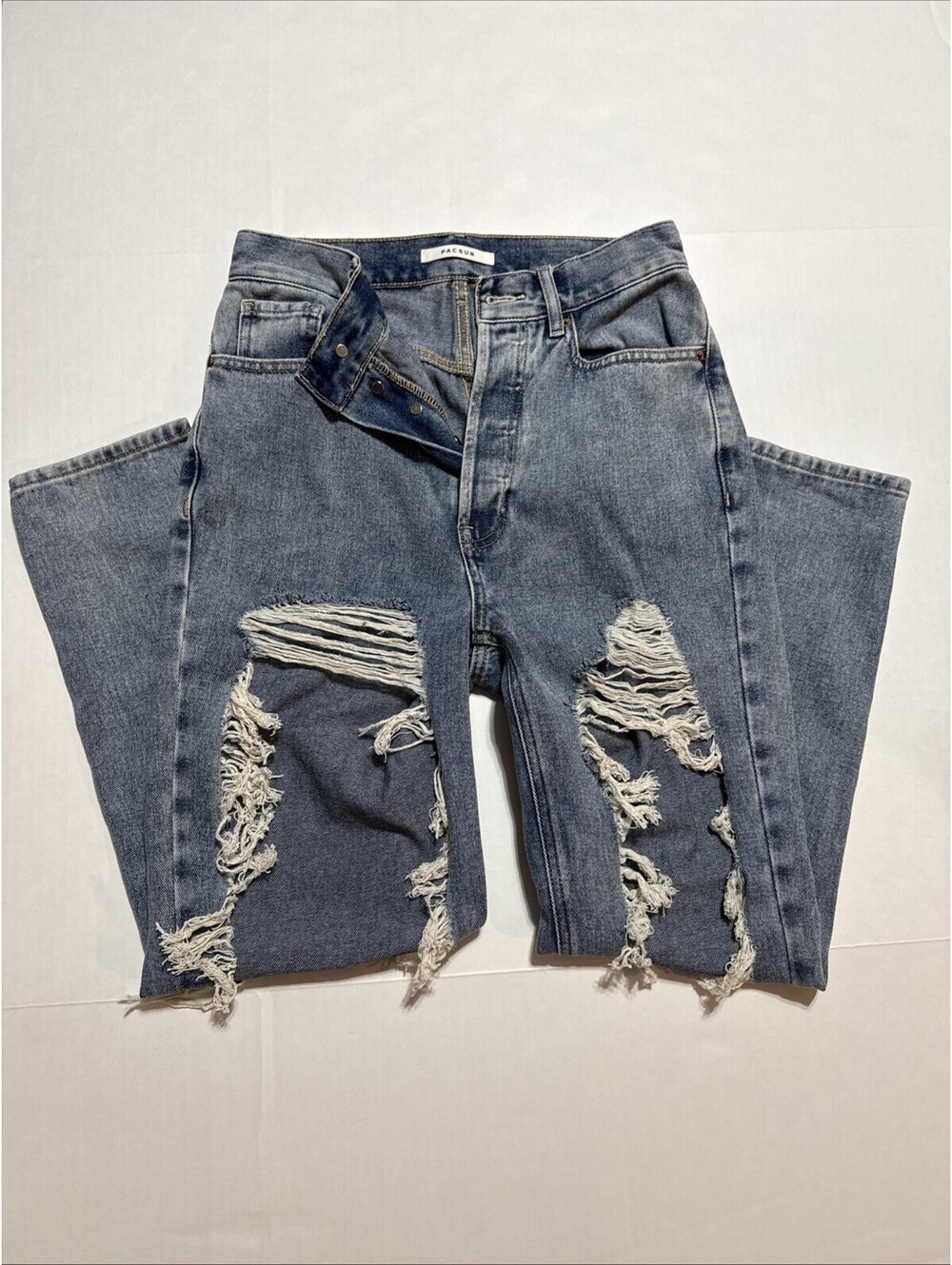PacSun Ultra High Rise Slim Distressed Jeans Button Fly Blue Denim